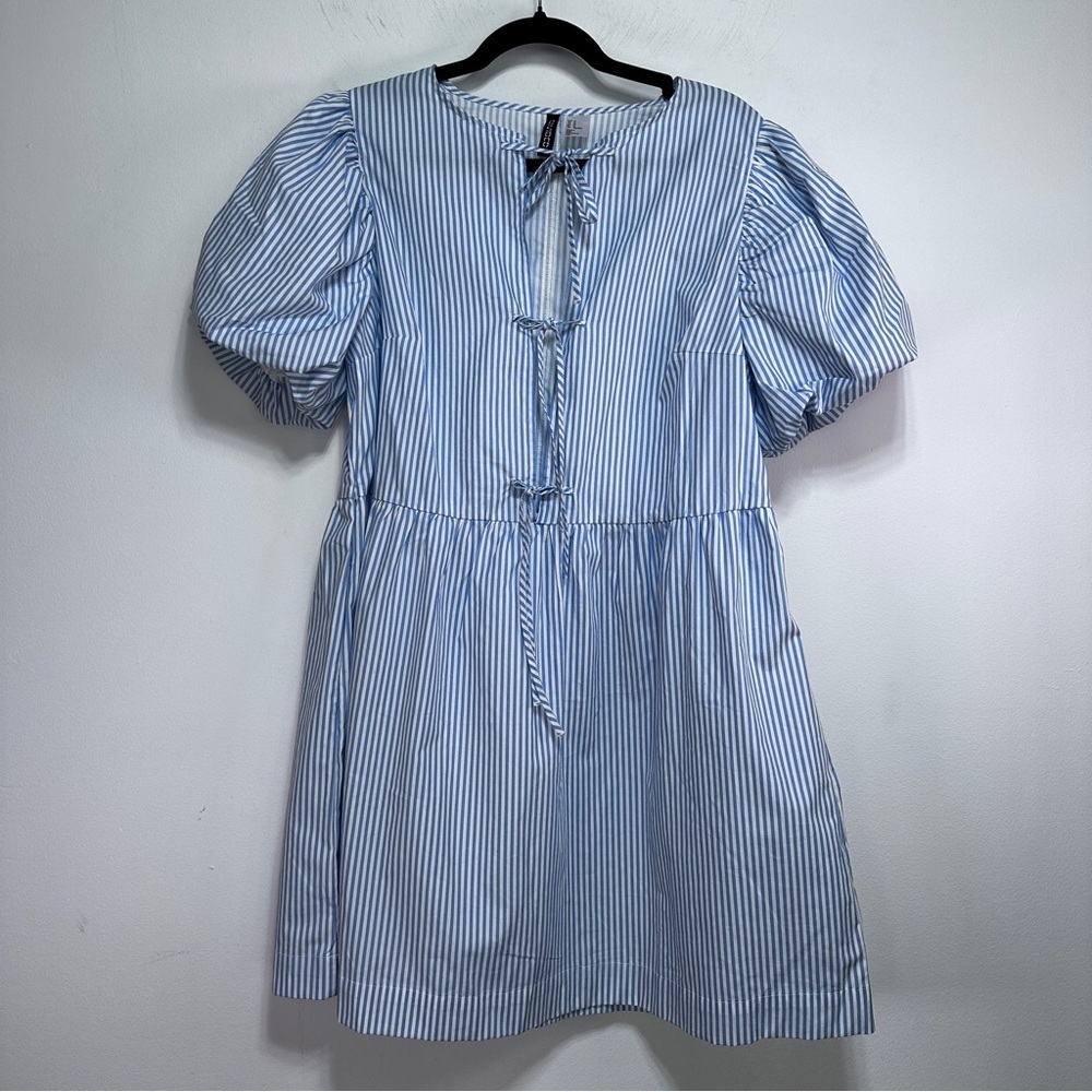 H&M Cotton Poplin Striped Dress Tie Front Puff Sleeve Blue White M Coastal